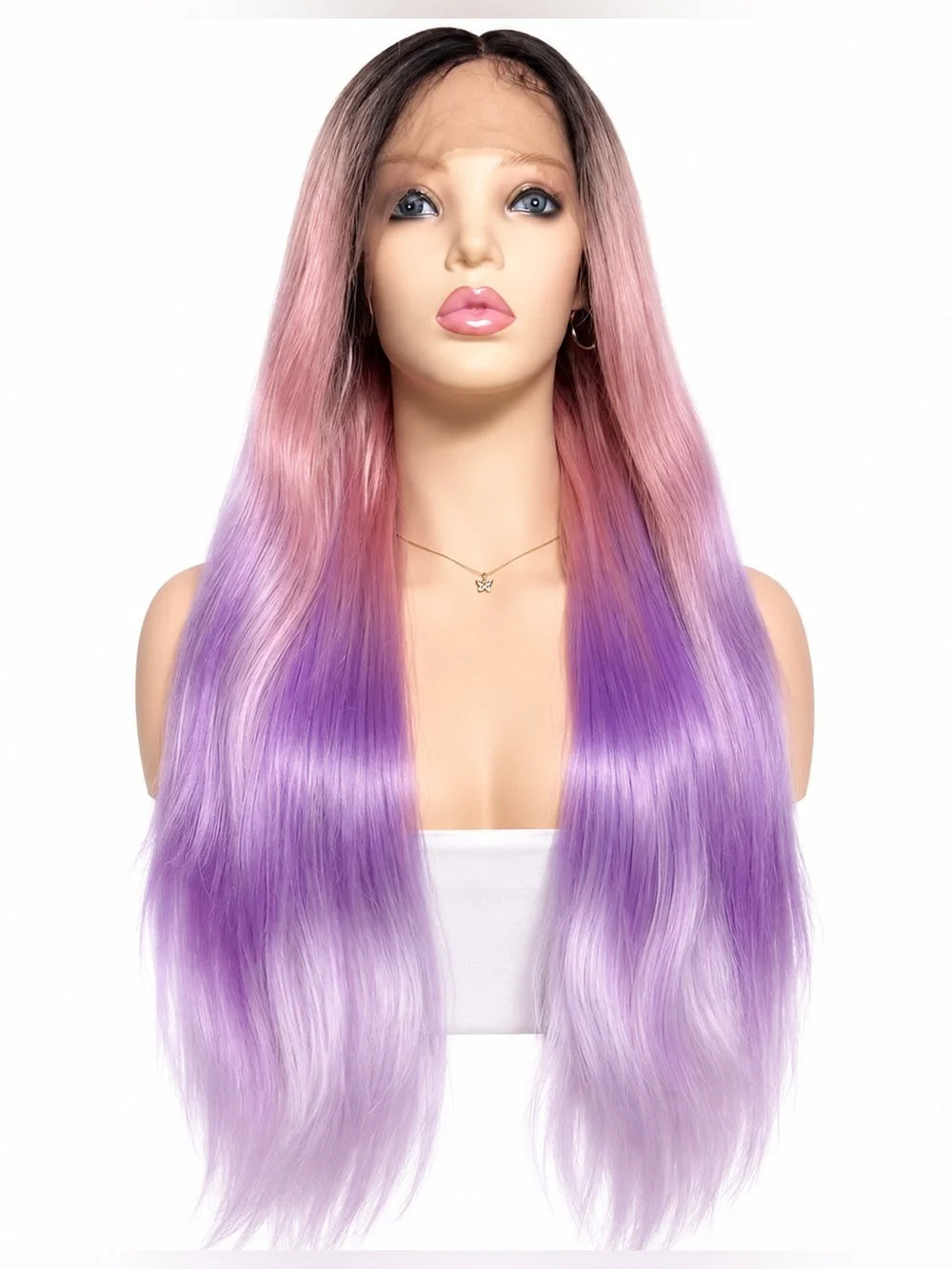 Long Ombre Pink to Purple Synthetic Lace Front Wig - middle part 26 inches long